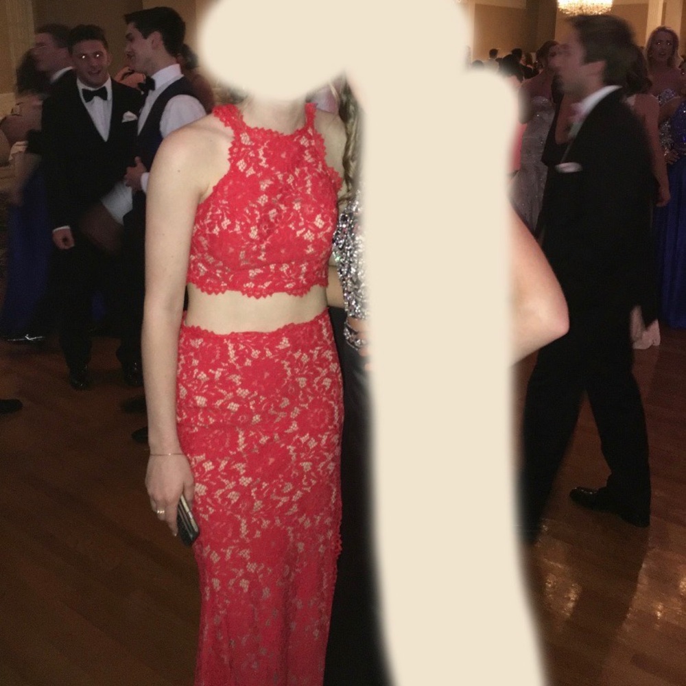 Red Lace Two Piece Prom Dress